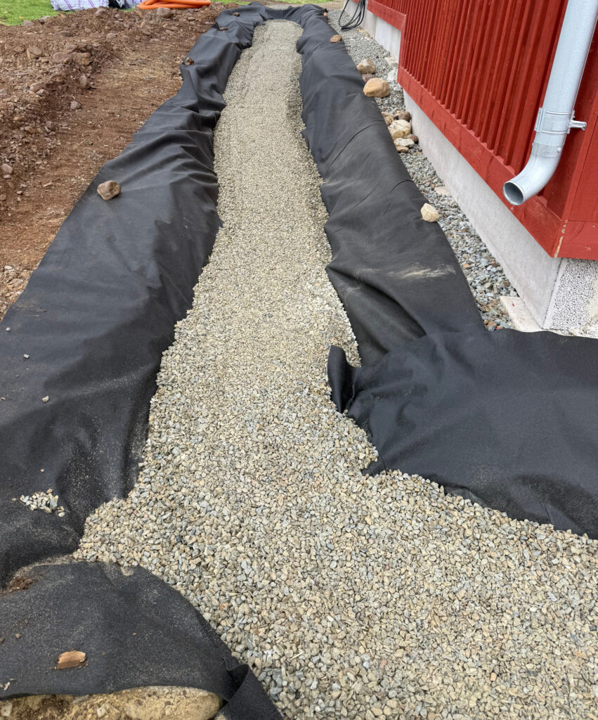 markduken täcks makadam - dränera husgrund lägger makadam på markduken för att dränera husgrund bra